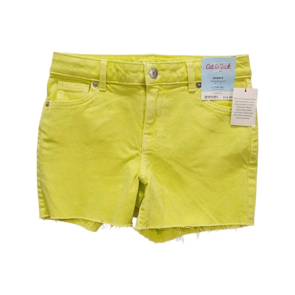 Cat & Jack Girls Yellow Cut-Off Denim Shorts L (10/12) Stretch Adjustable Waist